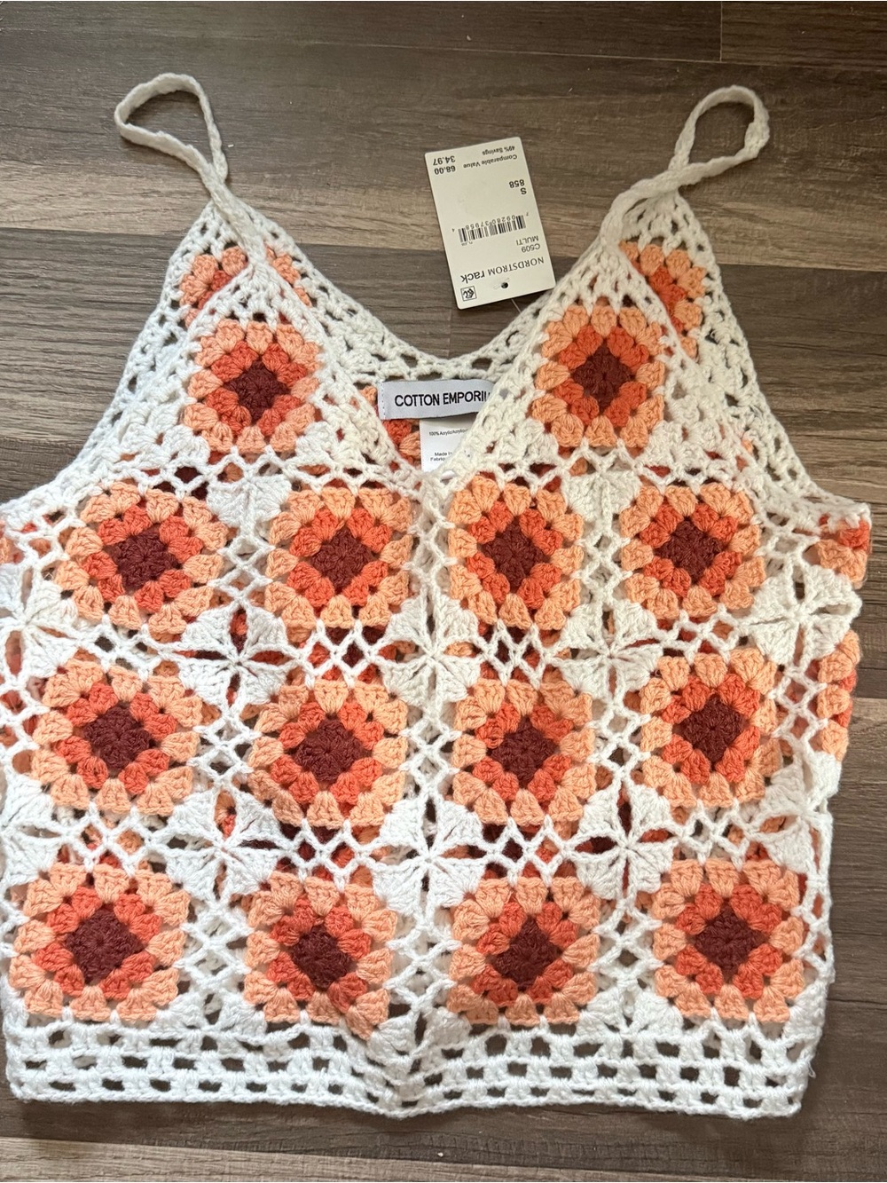 Cotton Emporium White Crochet Camisole with Peach & Rust Squares